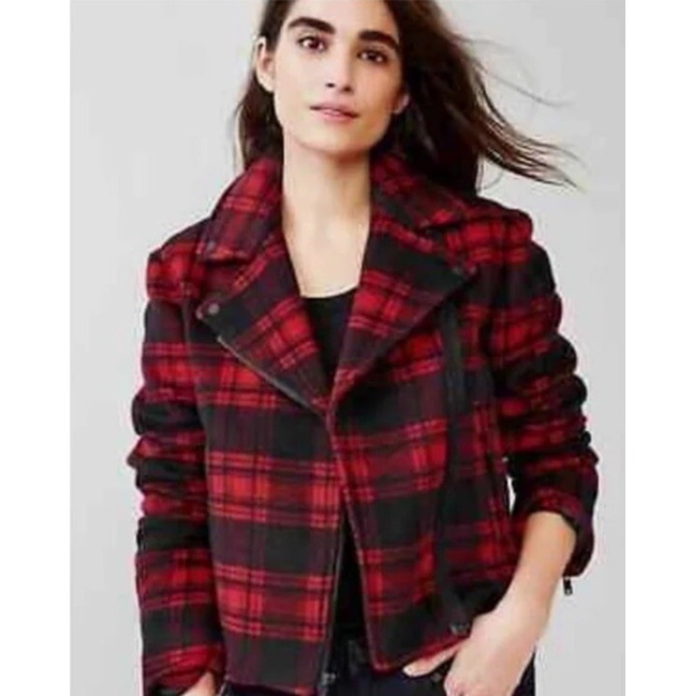 NWT Gap Red Black Buffalo Plaid Wool Polyester Zip Front Moto Biker Jacket XL